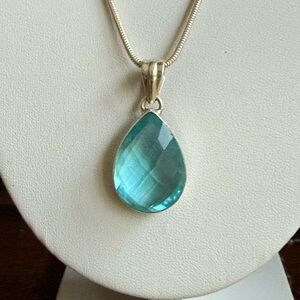 Estate Silver Necklace with Aqua Teardrop Pendant